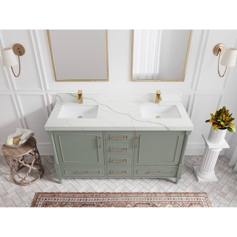 Willow Collections 60 in. W x 22 in. D Aberdeen Double Sink Bathroom Vanity with Countertop - 2" Calacatta Laza - Evergreen