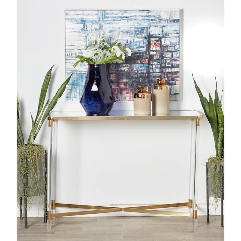 Gold Metal Console Table with Mirrored Top and Acrylic Legs - Gold