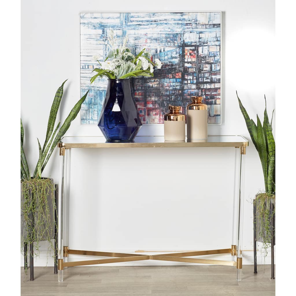 Gold Metal Console Table with Mirrored Top and Acrylic Legs