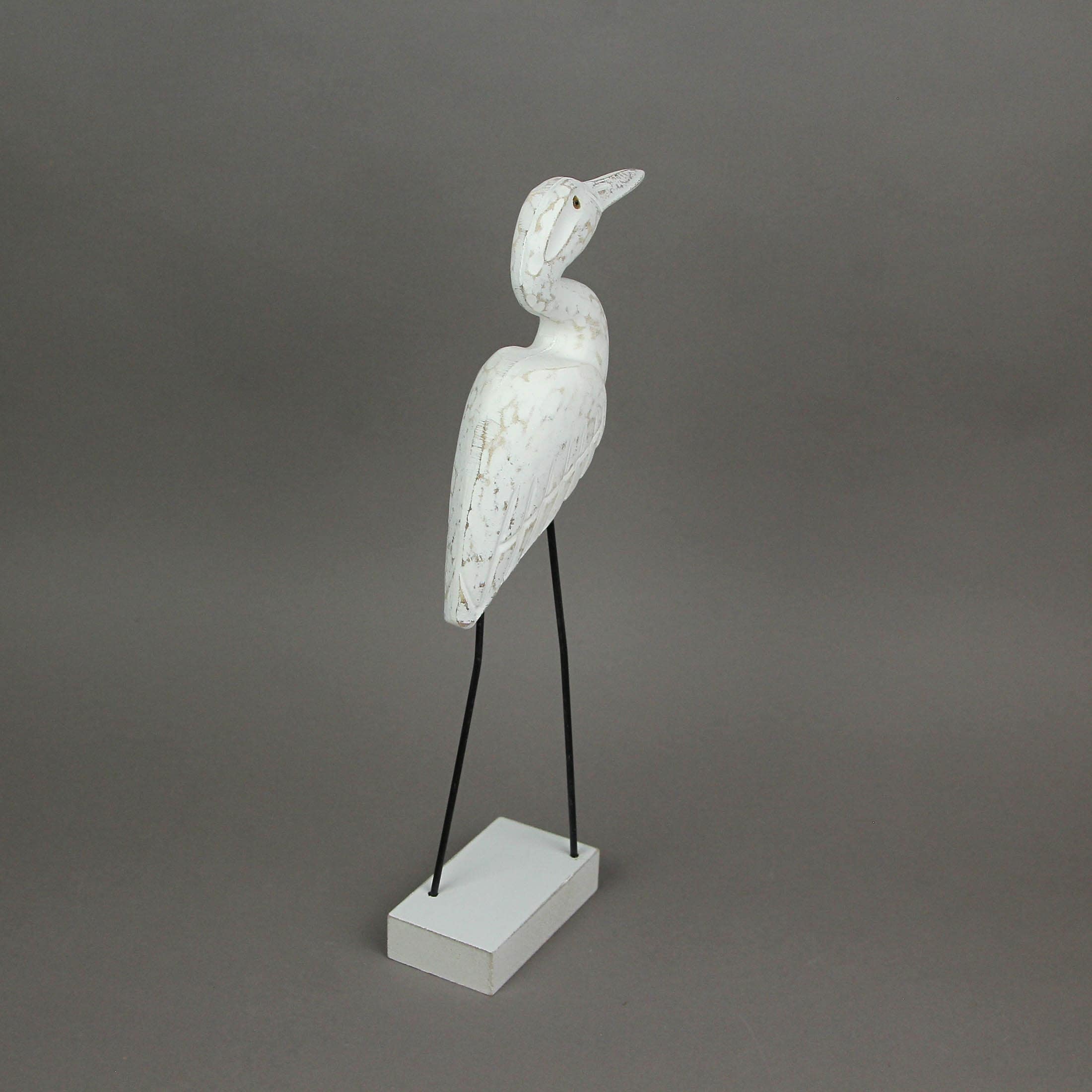 Carved Wood And Metal White Egret Bird Statue 15 Inches High