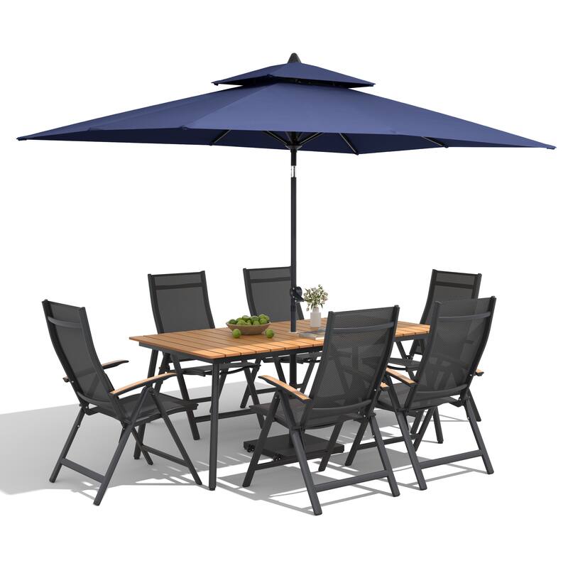 9/11-Piece Outdoor Patio Dining Set Aluminum Dining Table and Folding Chairs w/10 ft Umbrella and Base