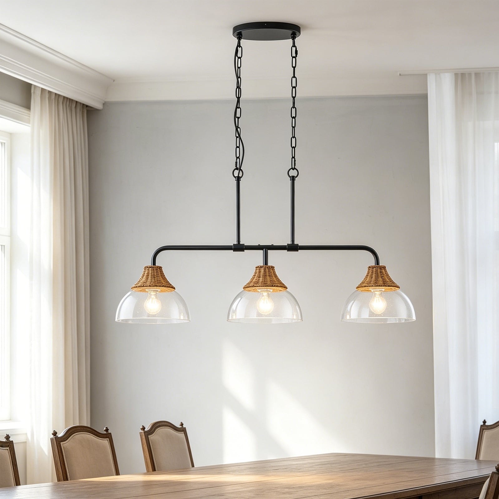 Rustic 3-light linear dining chandelier with clear seeded dome glass shades - 38.19"