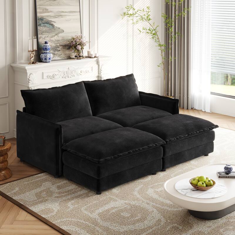 Corduroy Cloud Sleeper Sofa Bed Modular Sectional Sofa with Chaise Lounge Living Room Loveseat Couch with 2 Ottomans - Black