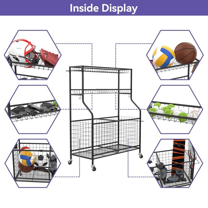 Garage Ball and Sports Equipment Organizer, Ball Storage Rack - 36.25 x 17.25 x 6.75 inches