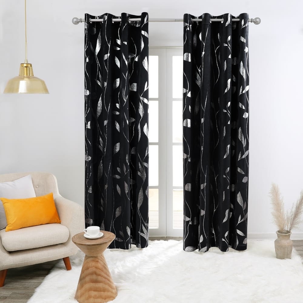 Velvet Curtains Room Darkening Silver Pattern Drapes 2 Panels