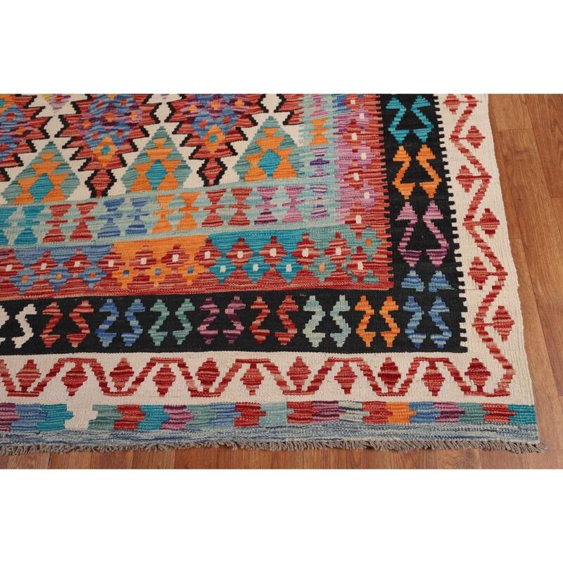 Southwestern Style Geometric Kilim Area Rug Hand-Woven Wool Carpet - 8'4" x 9'9"