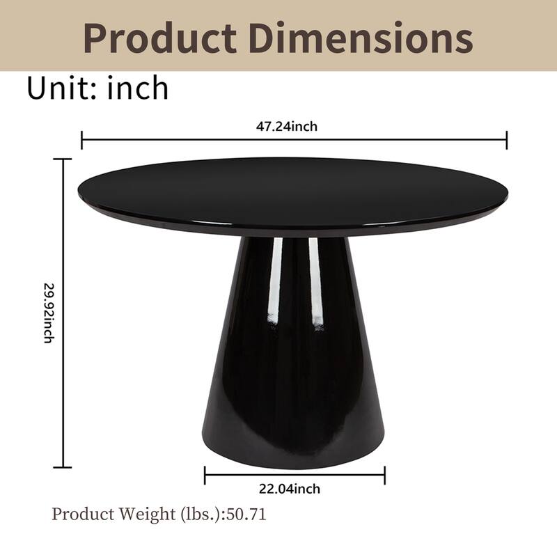 47" Round Glossy Dining Table - Solid Wood Base, Seats 6, Elegant