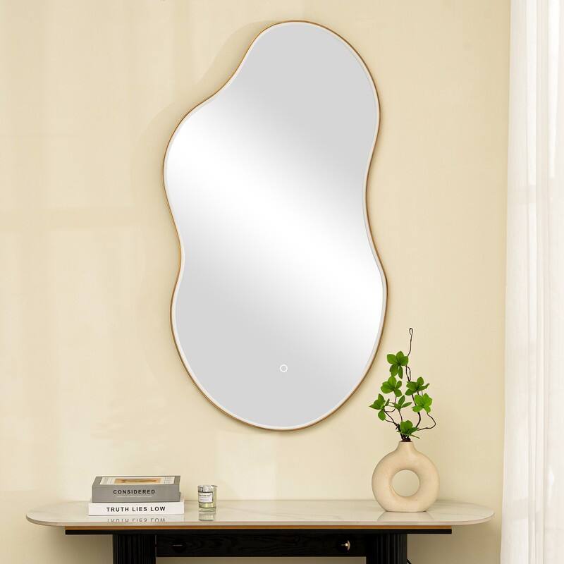LED-Accented Asymmetrical Metal Wall Mirror - Gold
