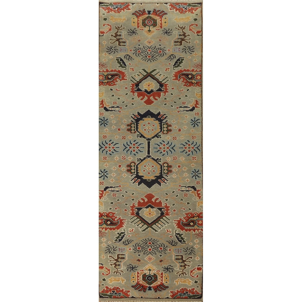 Hand-knotted Traditional Wool Grey Geometric Oriental Area Rug - 8' 2'' X 2' 6''