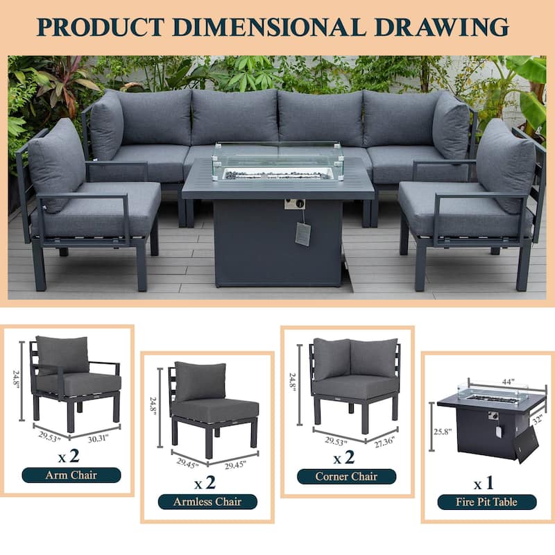 Outdoor 7-Piece Patio Sectional Set Aluminum Frame W/ Fire Pit Table