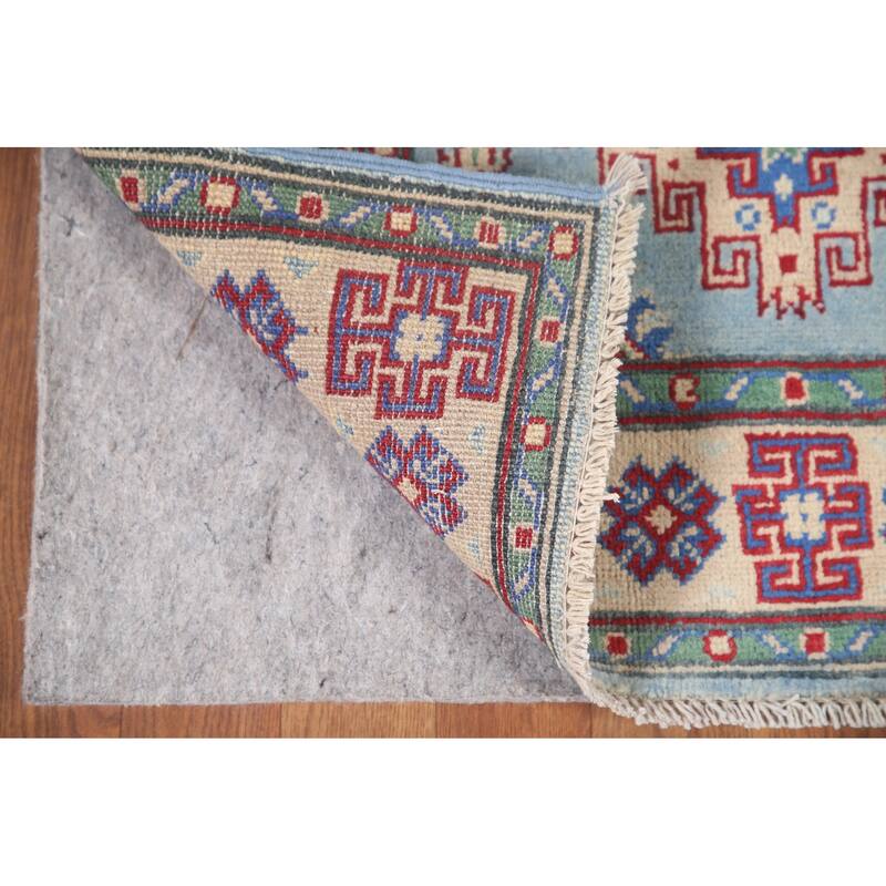 Hand Knotted Oriental 100% Wool Carpet Traditional Geometric Navy Blue & Blues Kazak Runner Rug - 6' 6'' X 2' 9''