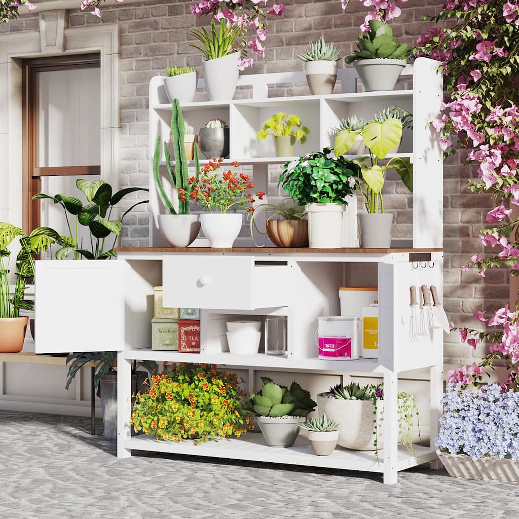 Solid Fir Wood Potting Bench Garden Workstation with Hutch, Drawer & Adjustable Shelves, Outdoor Garden Work Table