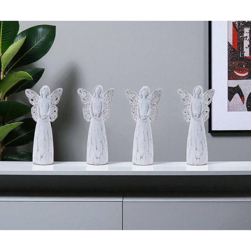 HomeRoots Set of Four White Polyresin Floral Wing Angel Figurines - 4.90 in. x 10.25 in. x 3.15 in. - White - 4.90 in. x 10.25 in. x 3.15 in.