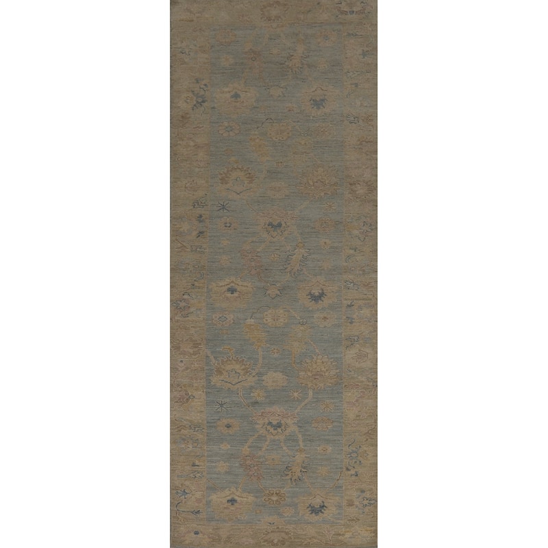 Vegetable Dye Blue Oushak Turkish Runner Rug Hand-Knotted Wool Carpet - 3'1" x 11'8"