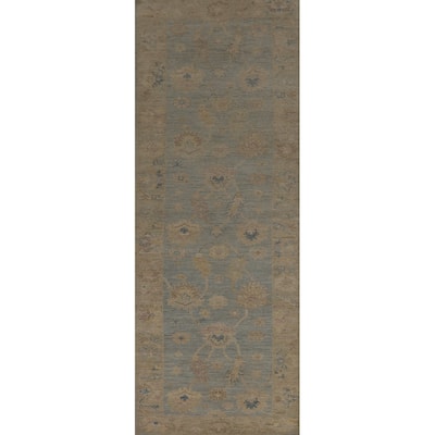 Vegetable Dye Blue Oushak Turkish Runner Rug Hand-Knotted Wool Carpet - 3'1" x 11'8"