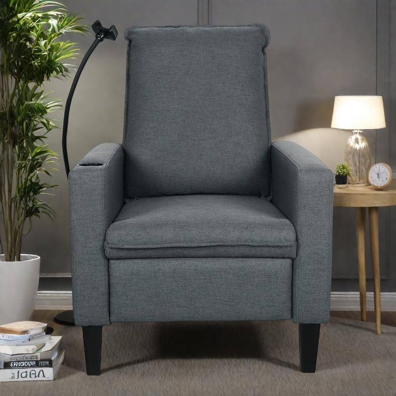 Polyester Recliner Chair with Phone Holder and Cup Holder, 3-Position Recline, 220lb Capacity - Grey