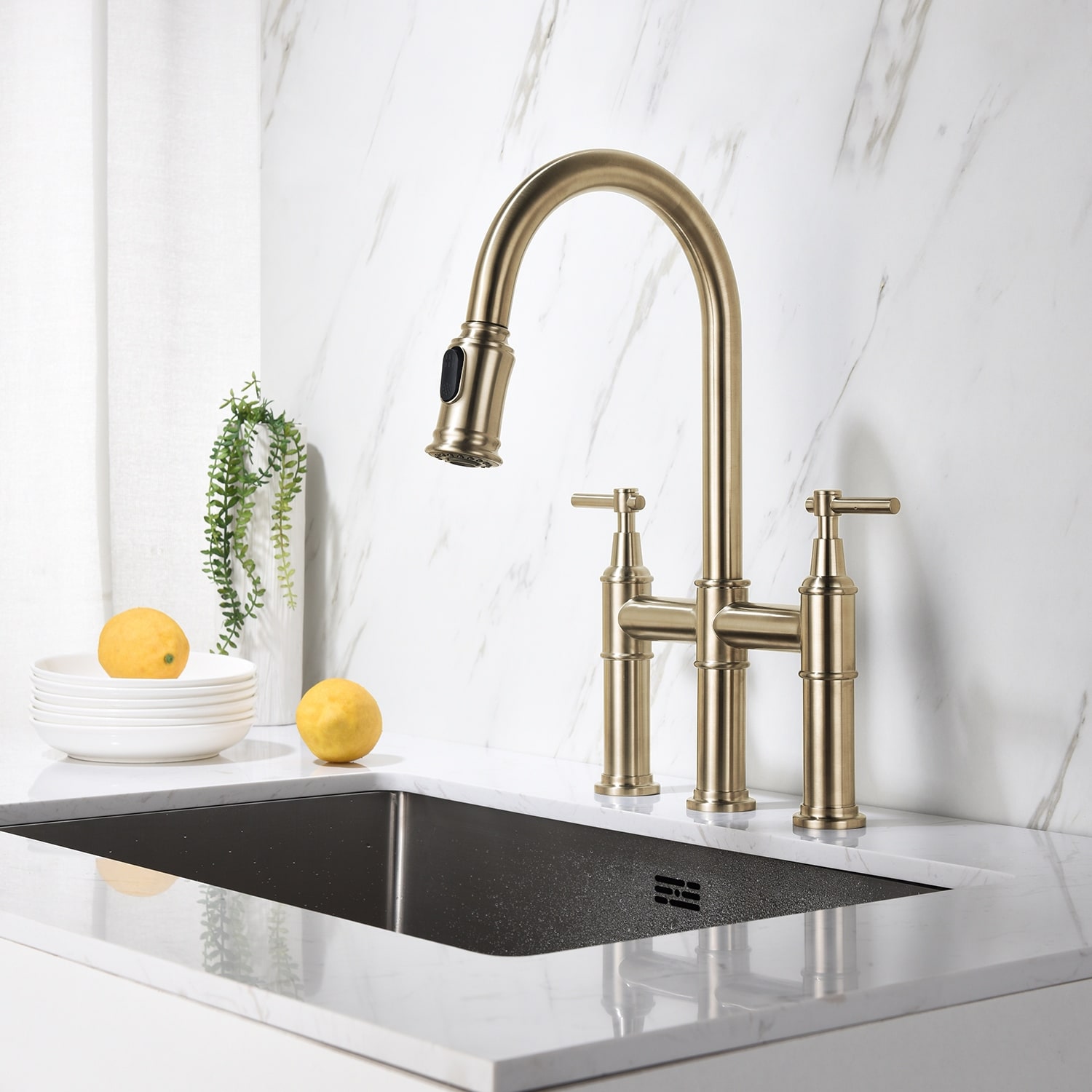 Bridge Kitchen Faucet with Pull-Down Sprayhead in Spot ...