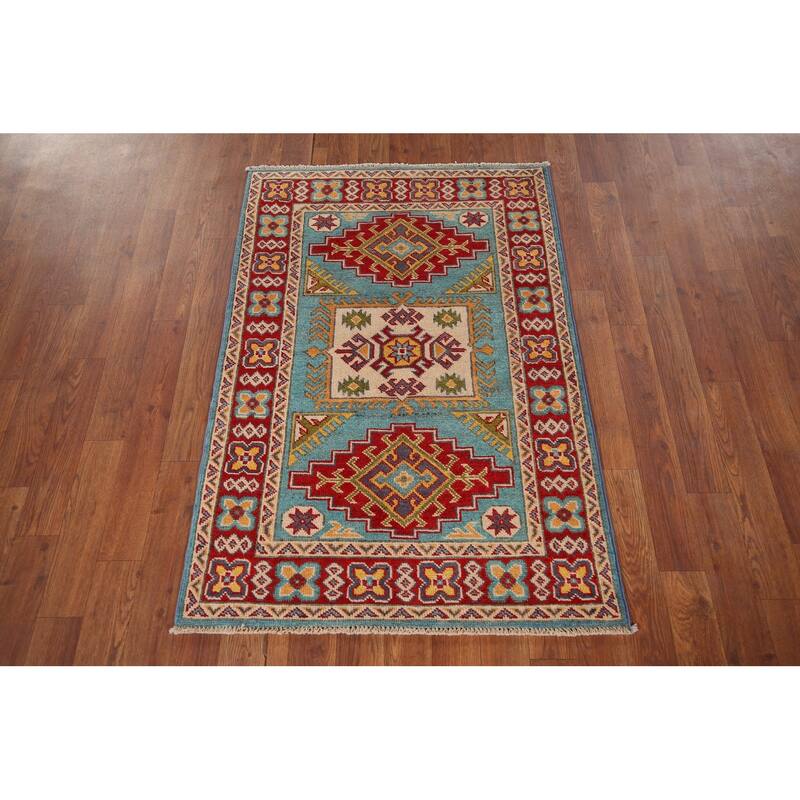 Geometric Blue Kazak Oriental Accent Rug Hand-Knotted Wool Carpet - 2'8" x 3'10"