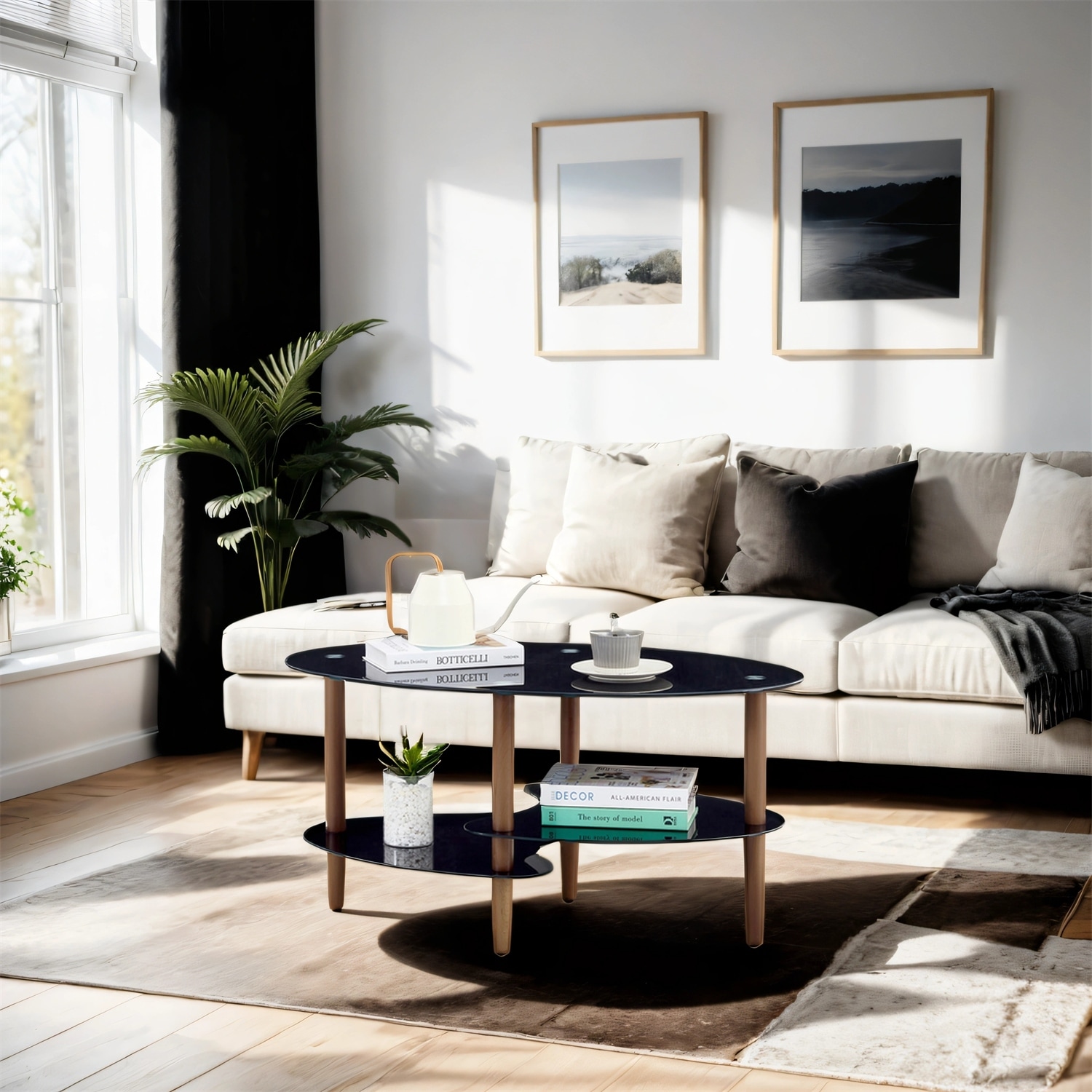 Black Oval Coffee Table with Oak Wood Leg, 3-Layer Tempered Glass