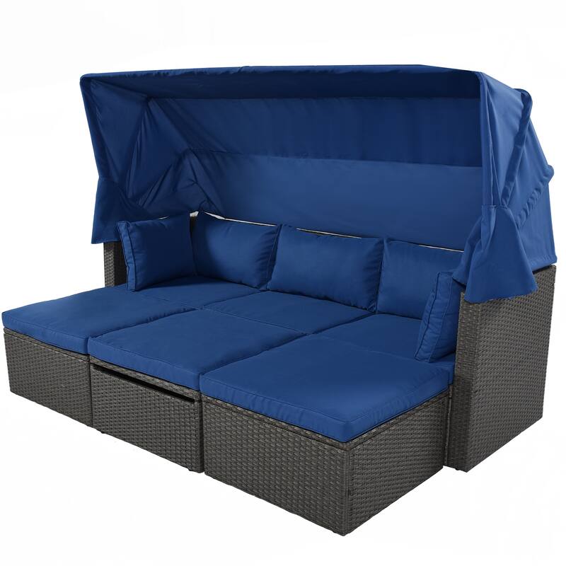 U-Style Outdoor Patio Rectangle Daybed with Retractable Canopy, Wicker Furniture Sectional Seating for Backyard, Porch