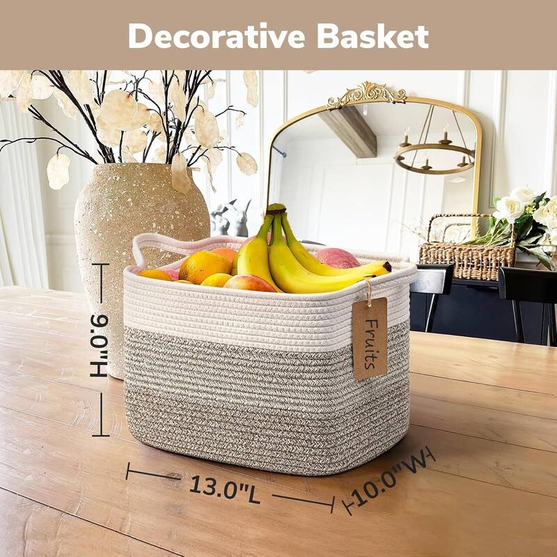 Woven Rope Storage Basket Set of 3, Closet Baskets for Toys, Books, Rectangle Decorative Baskets - 10"D x 13"W x 9"H