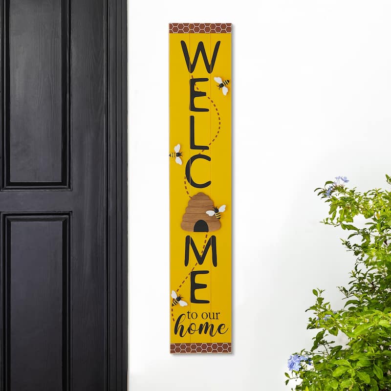 Glitzhome 42"H Solid Wood WELCOME Porch Sign with Bee Outdoor Decor