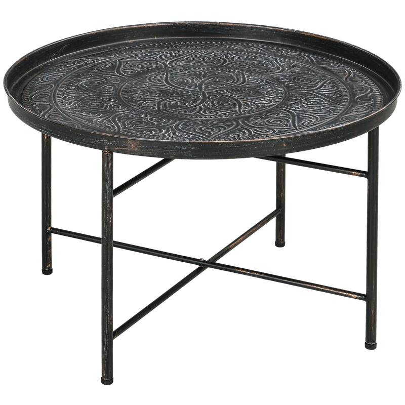 HOMCOM 24" Round Coffee Table with Hammered Tray Top, Vintage Metal Center Table for Living Room, Bedroom, Side Table