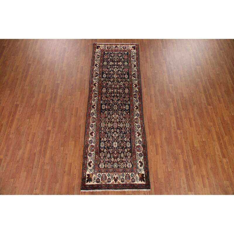 Hand Knotted Oriental 100% Wool Carpet Traditional Geometric Black Malayer Runner Rug - 10' 3'' X 3' 4''