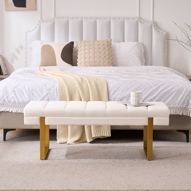 Upholstered Bedroom Bench Tufted Entryway Bench Modern End of Bed Bench Dining Bench with Gold/Black Metal Legs for Window