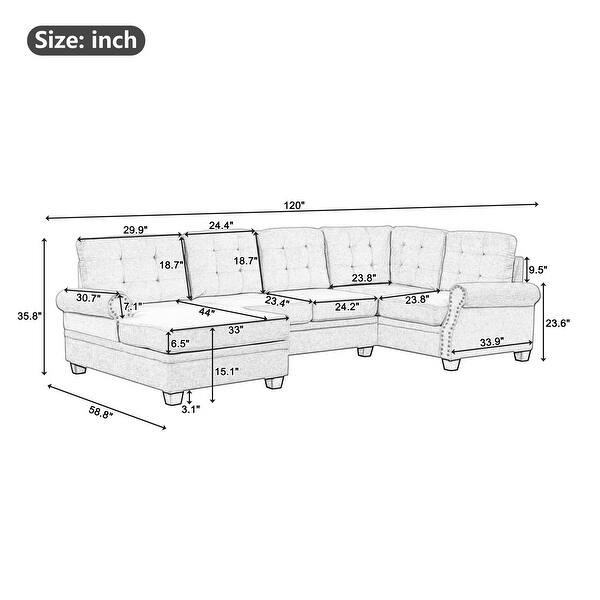 6 Seater Ushape Sectional Sofa with Curved Nailheads Armrest, Grey