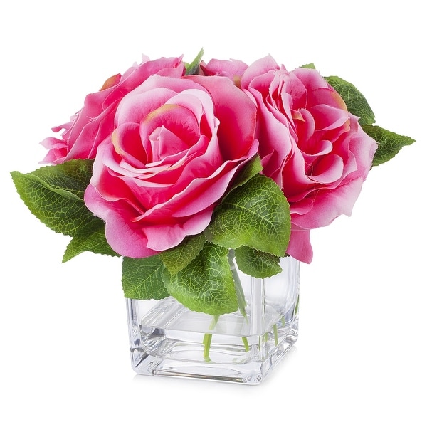 Enova Home 4 Large Heads Velvet Rose Flower in Cube Glass Vase With Faux Water For Home Decoration. Opens flyout.