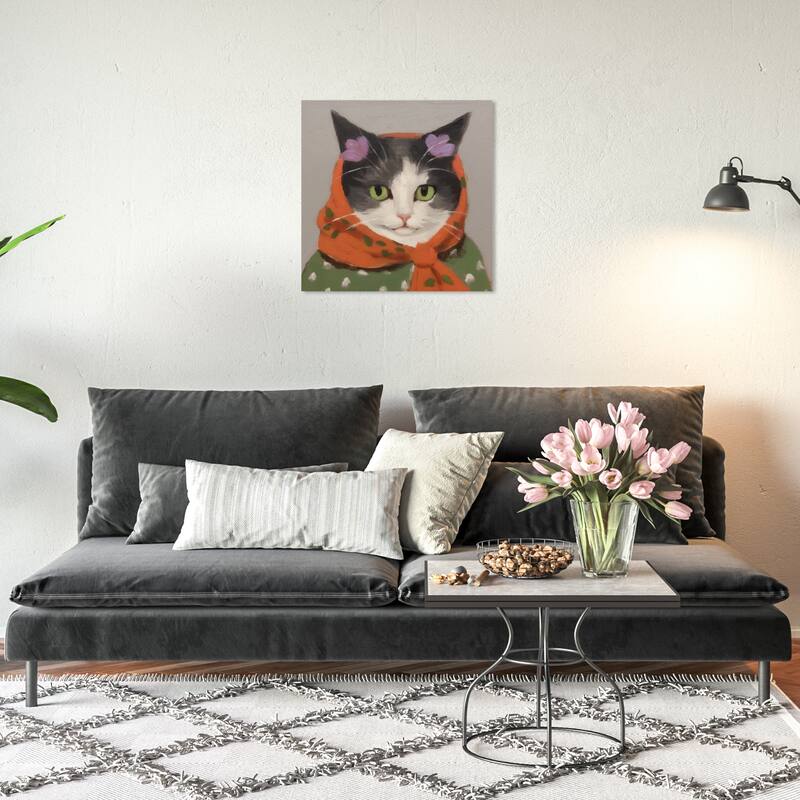 Wynwood Studio Canvas Animals Gatita s Headscarf Orange and Army Green Bohemian & Eclectic Wall Art Canvas Print - 20 x 20
