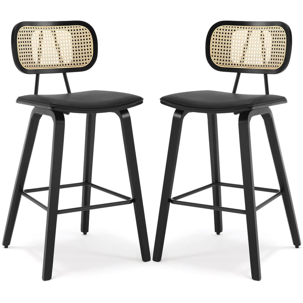 Wood Counter Stool with Rattan Back