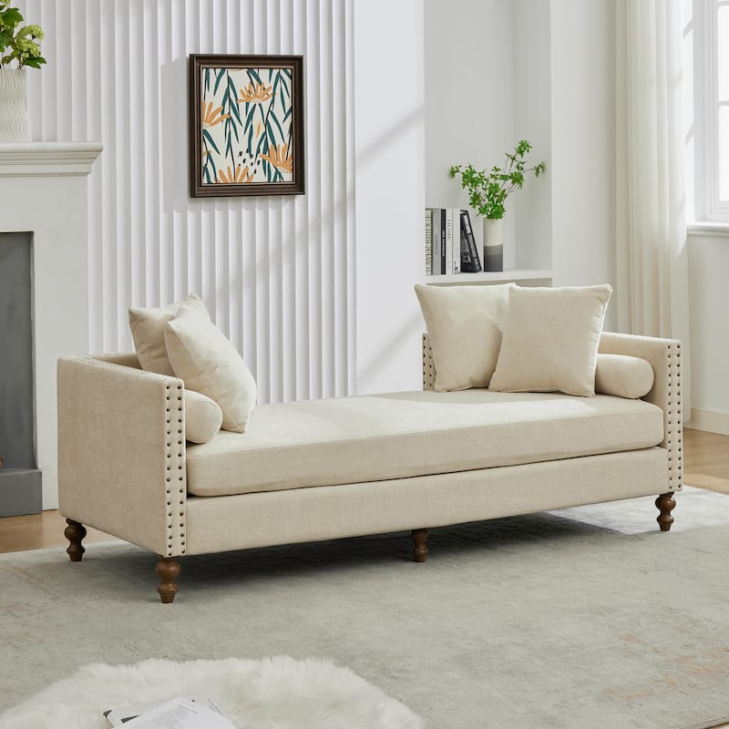 75.2"W Upholstered Chaise Lounge with Nailheads,Sleeper Sofa Couch With 4 Throw Pillows&2 Bolsters,Daybed with Rubberwood Legs