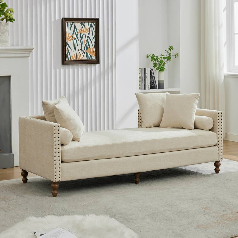 75.2"Wide Upholstered Chaise Lounge with Nailheads, Sleeper Sofa Couch With 4 Throw Pillows & 2 Bolsters, Rubberwood Legs