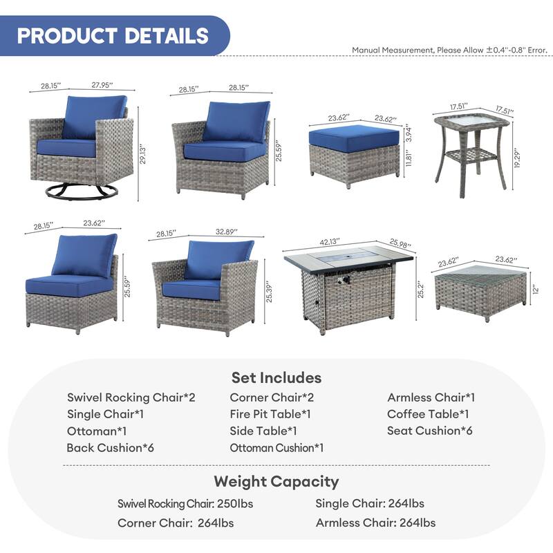 XIZZI 10-piece Outdoor Furniture Set Swivel Rocking Chair with Fire Pit
