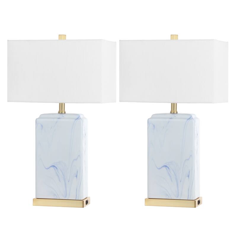 Easton 24.5" Modern Coastal Iron/Marbled Ceramic LED Table Lamp with USB Charging Port, Blue/White (Set of 2), by JONATHAN Y