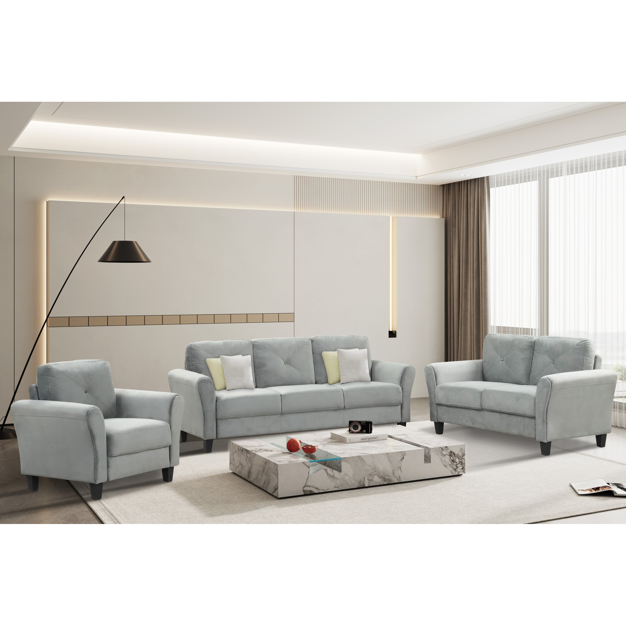 3 Piece Living Room Sectional Sofa Set 3 Seater Fabric Sofa Couch Loveseat Armchair Set with Rubber Feets and Seat Cushions