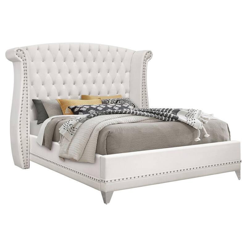 White Tufted Wingback Upholstered Bed with Velvet Finish, Crystal Accents, and Nailhead Trim