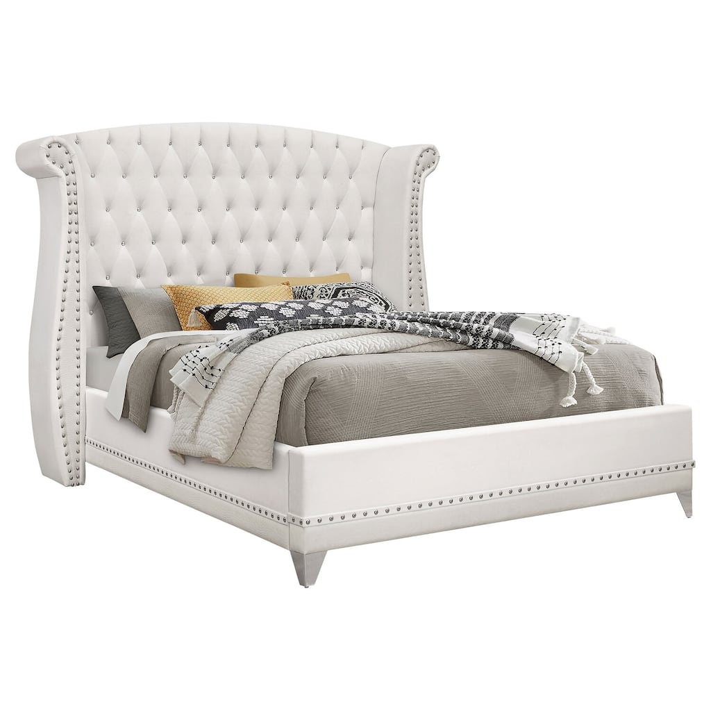 White Tufted Wingback Upholstered Bed with Velvet Finish, Crystal Accents, and Nailhead Trim