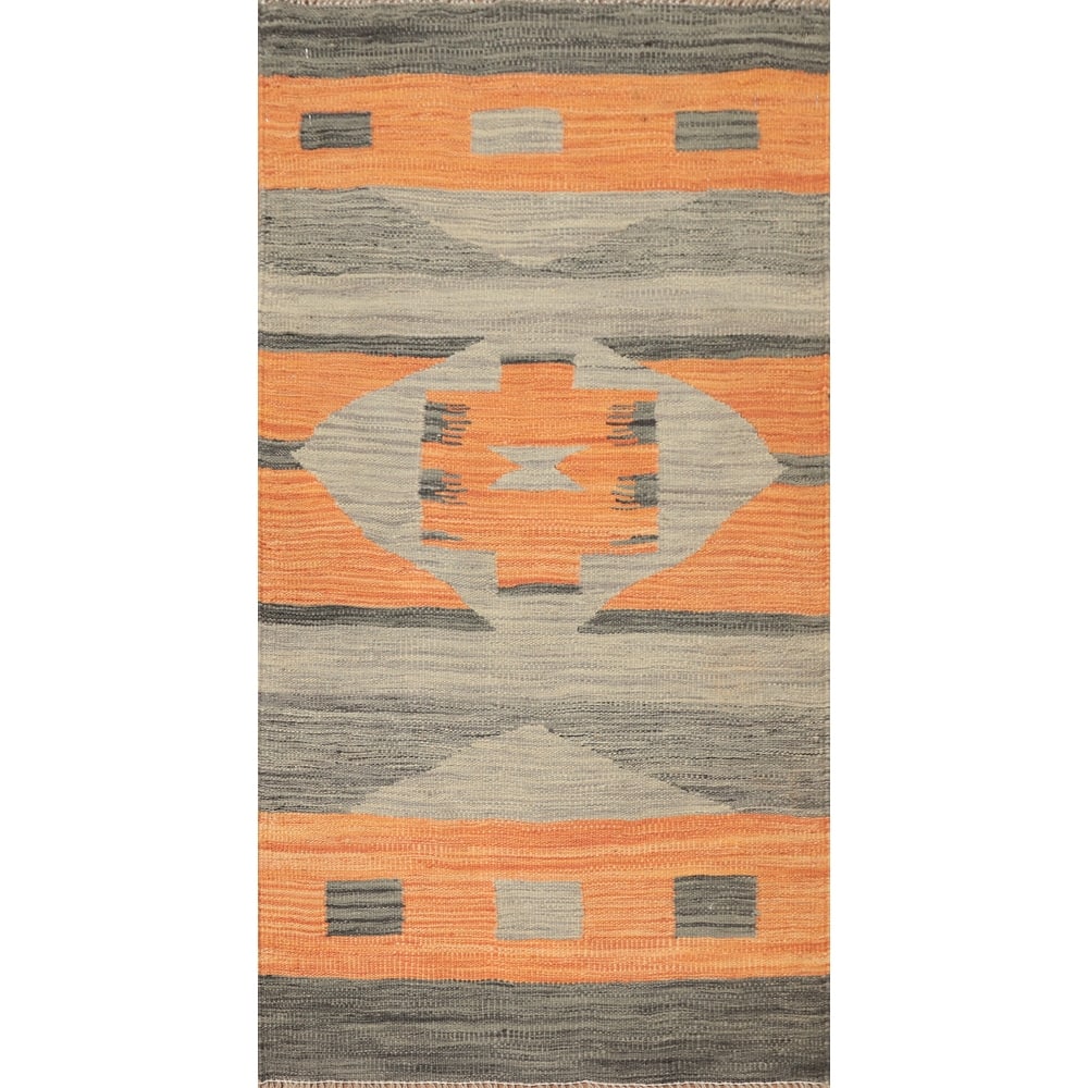 Hand Woven Oriental 100% Wool Carpet Southwestern Tribal Oranges & Rust Kilim Area Rug - 4' 2'' X 2' 0''