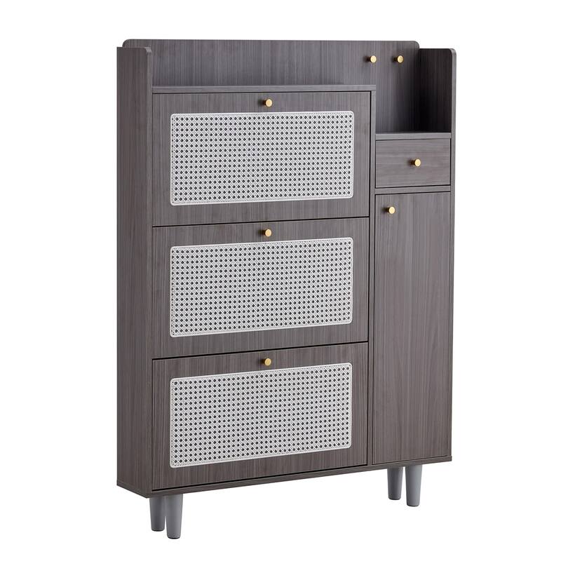 Modern Wood Minimalist Rattan Shoe Cabinet with Legs