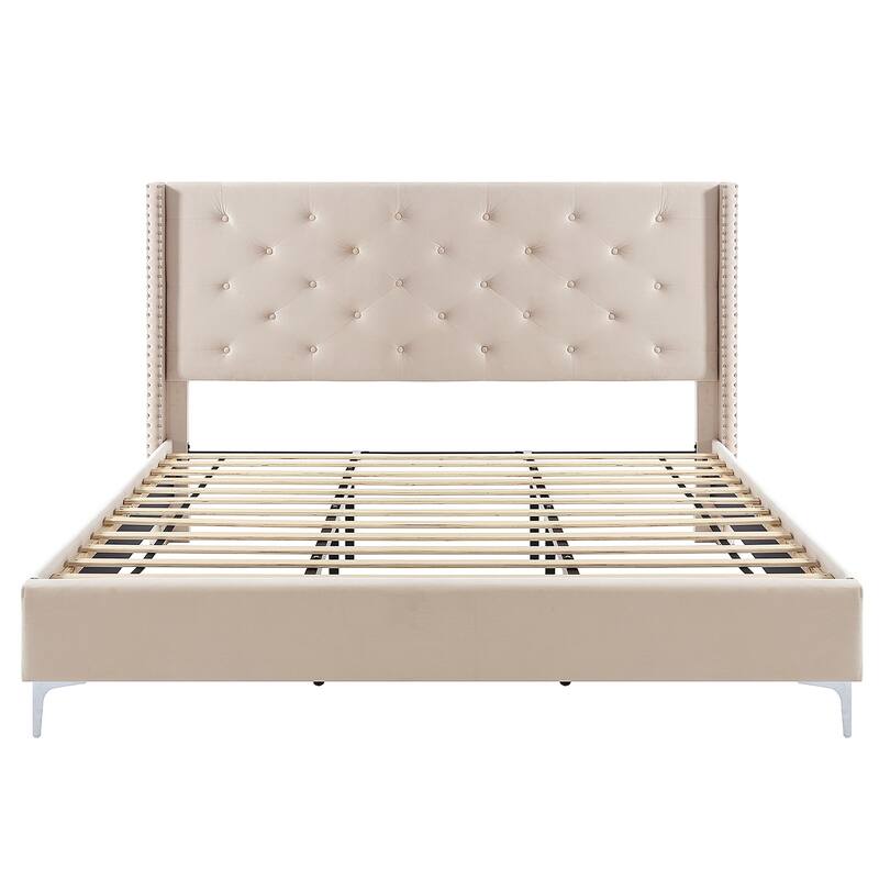 Morden Fort Queen Size Velvet Upholstered Platform Bed Frame with 6 inches Metal Legs