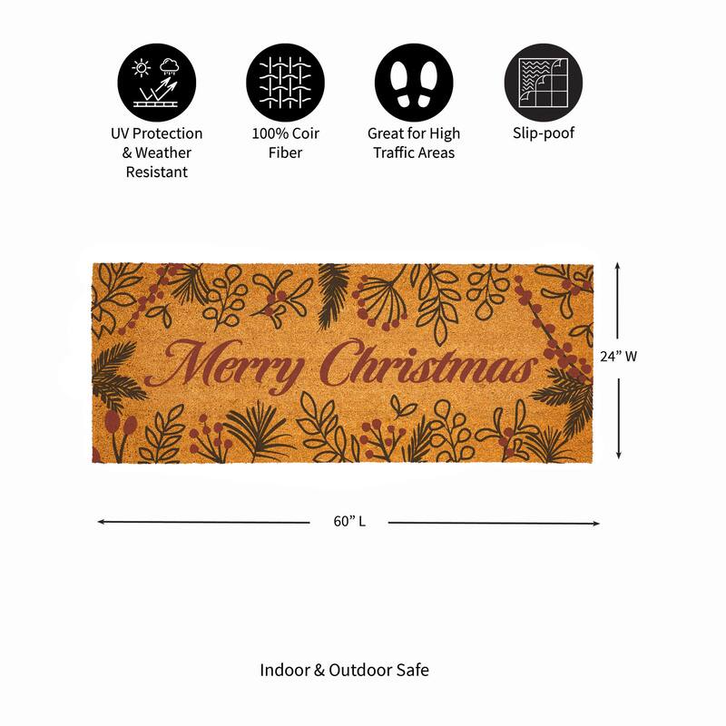 Festive Foliage Coir Door Mat - "Merry Christmas" - 60"x24"