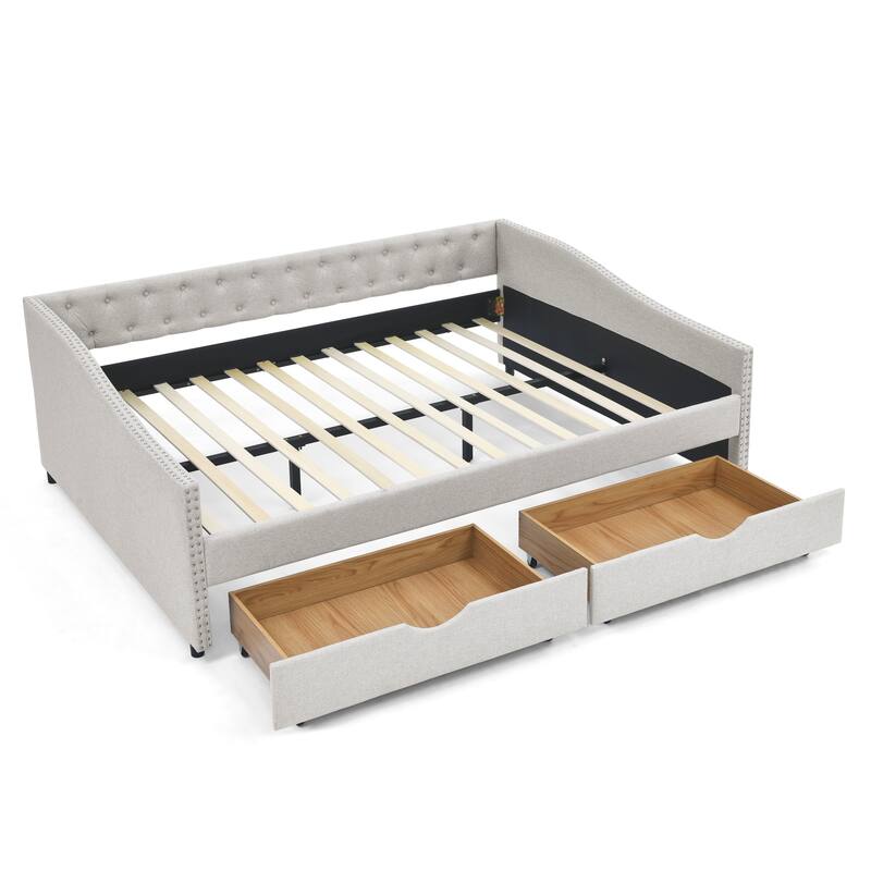 Tufted Button Daybed with 2 Storage Drawers/Upholstered Sofa Bed Frame w/Copper Nail on Waved Shape Armrests/No Spring Box Need