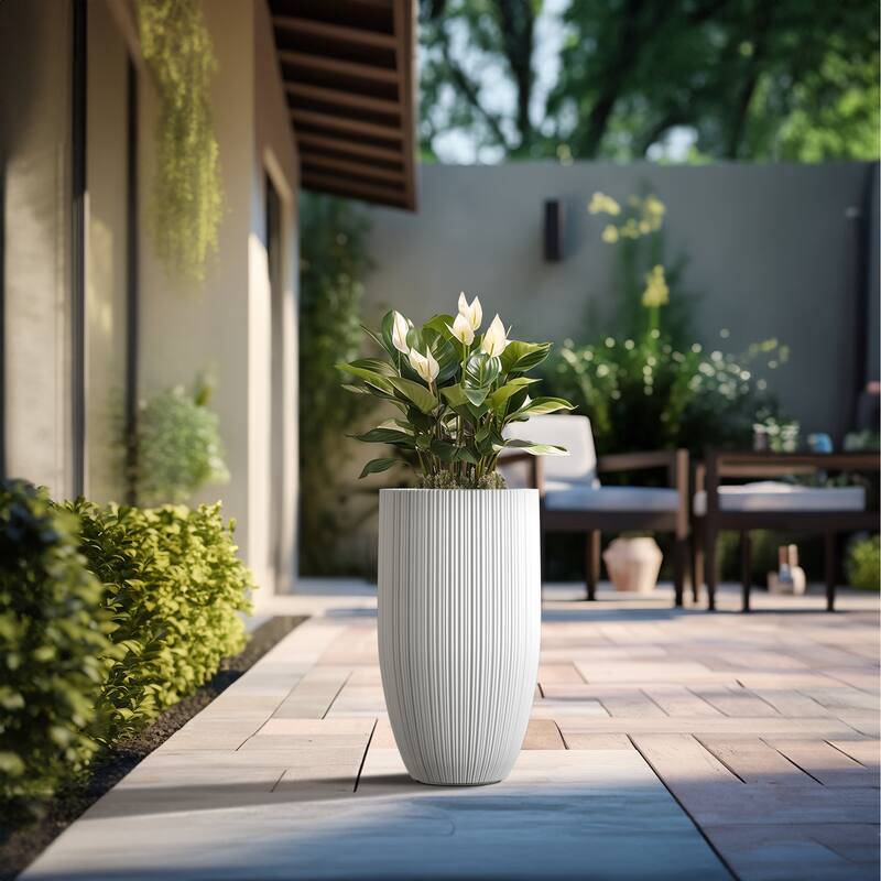 Textured Granite Gray Tall Concrete Round Plant Pots / Large Indoor and Outdoor flower Planters (13.5 Inch x 24.5 Inch)