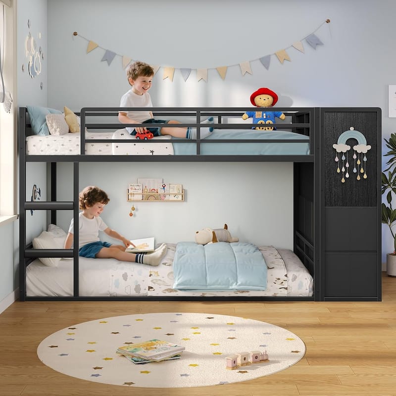 Twin Size Low Loft Bed 6 Fabric Storage Drawers LED Lights Twin Over Twin Bunk Bed