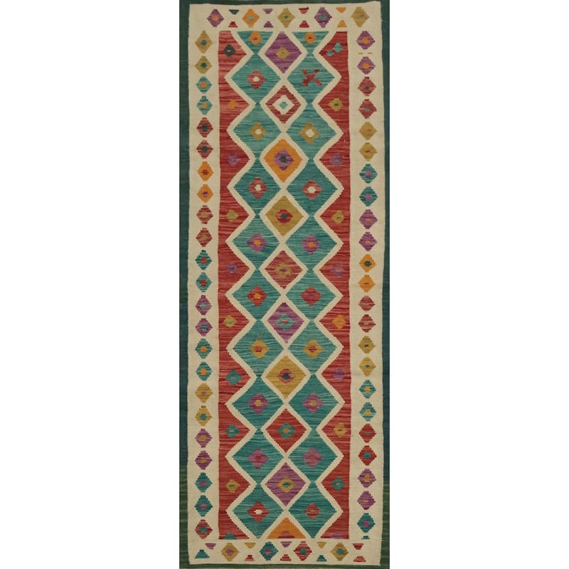 Hand Woven Oriental 100% Wool Carpet Southwestern Modern Green Kilim Runner Rug - 8' 10'' X 2' 7''