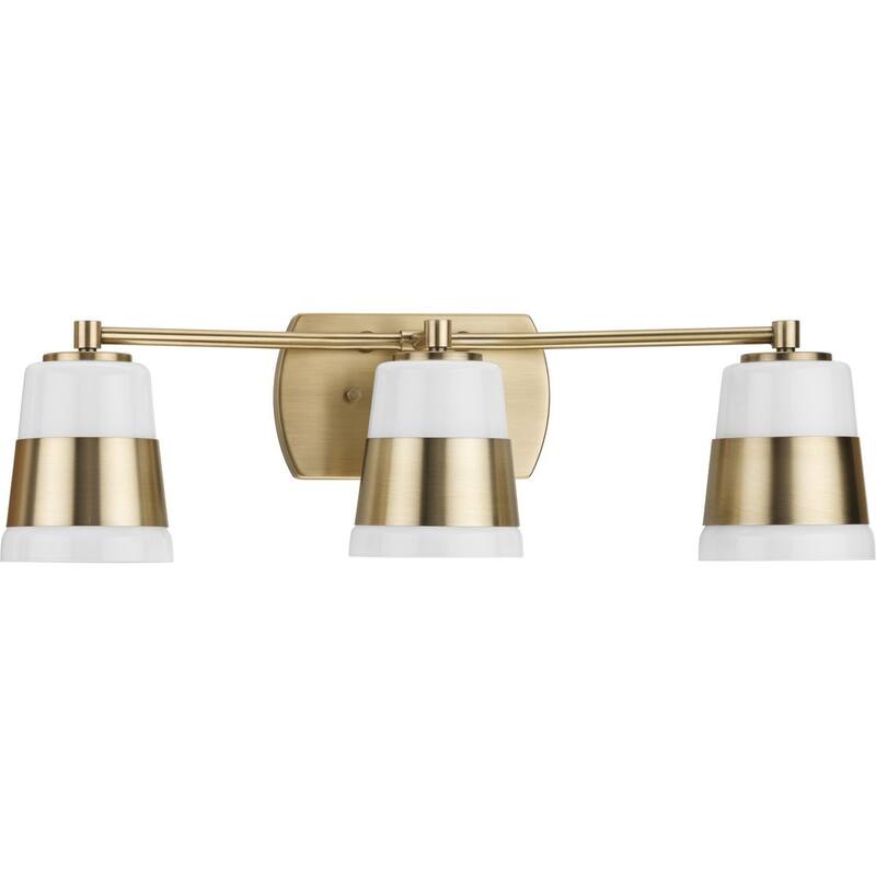 Haven Collection Three-Light Vintage Brass Opal Glass Luxe Industrial Bath Light - 24 in x 6.75 in x 7 in