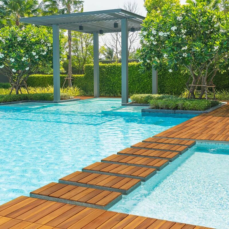 27pcs Acacia Wood Interlocking Flooring Tiles Waterproof Flooring for Outdoor & Indoor Patio, Balcony, Garden, Poolside